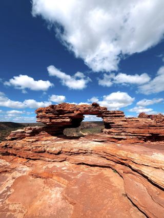 The coastal cliffs at Kalbarri are absolutely breathtaking! Towering sandstone walls plunge into the deep blue ocean. It's windy and the waves are wild, but it's so stunning you can't tear your eyes away.