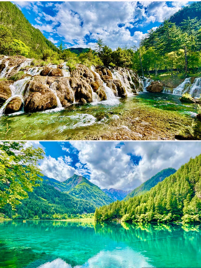 【四川】九寨溝之鏡海、雙龍海、雙龍海瀑布：翠藍若碧的湖水、氣勢磅礴的瀑布