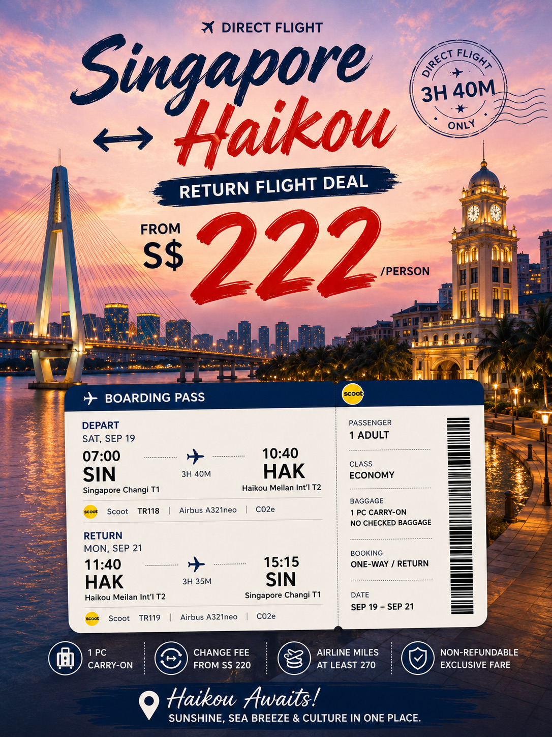 Only SGD 222 Return to China Haikou 🇨🇳!! 