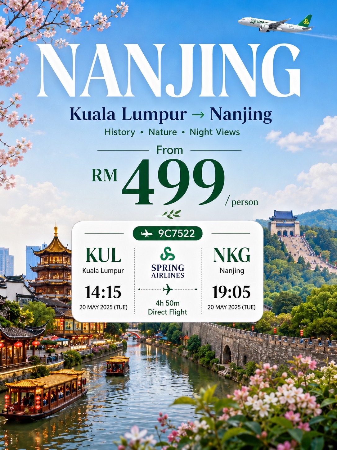 If you love a destination that mixes beautiful nature, ancient history, traditional streets and romantic night views, Nanjing deserves a spot on your China travel list. 💚

✈️ Kuala Lumpur → Nanjing
🛫 Spring Airlines
⏰ 14:15 – 19:05
⏱️ Direct flight: around 4h 50m
📍 KUL → NKG
💰 From RM499 / person

Nanjing is one of those cities where every day can feel completely different — you can explore ancient landmarks in the morning, walk beside a peaceful lake in the afternoon, then enjoy glowing lanterns along the Qinhuai River at night. 🌿🏮

Some experiences worth adding to your itinerary:

🏮 Confucius Temple & Qinhuai River – one of the best areas to experience Nanjing at night
🌳 Xuanwu Lake – perfect for a relaxing walk, cycling or lakeside photos
🏛️ Sun Yat-sen Mausoleum – iconic architecture surrounded by lush greenery
🍂 Ming Xiaoling Mausoleum – historic paths, forests and beautiful seasonal scenery
🏯 Nanjing City Wall – walk along the ancient wall for panoramic city views
🏘️ Laomendong Historic District – traditional streets, cafés, snacks and local atmosphere
🏺 Nanjing Museum – a great stop if you enjoy Chinese history and culture
🌿 Niushoushan Cultural Park – impressive architecture surrounded by peaceful natural scenery

And don’t leave Nanjing without trying the local food. 🤤

🦆 Nanjing Salted Duck
🍜 Duck Blood Vermicelli Soup
🥟 Tangbao Soup Dumplings
🥞 Sesame Shaobing
🥟 Nanjing Wontons
🌸 Plum Blossom Cake
🍠 Sweet Lotus Root
🥟 Pan-fried Dumplings

For a 5D4N trip, you’ll have enough time to explore the historic side of Nanjing, enjoy its lakes and gardens, visit the main landmarks and still leave some time for cafés and local food hunting. 🌿☕

My favourite part? Nanjing becomes especially beautiful in the evening — lantern-lit streets, reflections on the Qinhuai River and old architecture create such a different atmosphere after sunset. ✨

Save this Nanjing travel guide for your next China adventure! 🇨🇳🌸

#Nanjing #NanjingTravel #ChinaTravel #VisitNanjing #QinhuaiRiver #ConfuciusTemple #XuanwuLake #NanjingFood #ChinaTrip #Jiangsu #NanjingCityWall #Laomendong #KualaLumpurToNanjing #TravelChina
