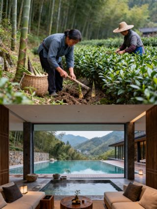 ชาวบ้านอันจีพาเด็กๆ ไปขุดหน่อไม้และเก็บใบชา เกสต์เฮาส์บ่อน้ำพุร้อนแห่งนี้วิเศษมาก!