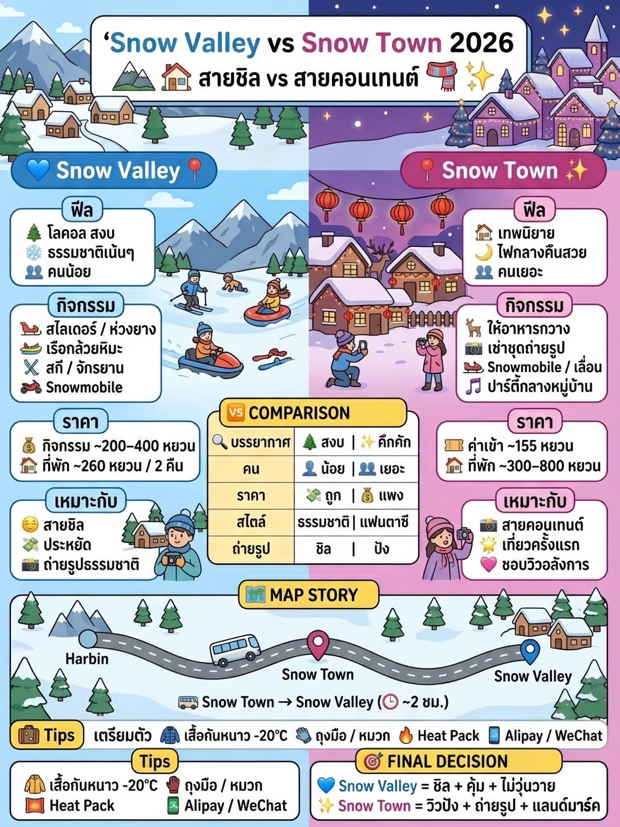 Clear Comparison! Snow Valley vs Snow Town: Which Should You Choose? 
(New Year's Trip 2026)

If you're planning a winter trip to China and hesitating between
⛄ Snow Valley (Dongsheng Forest Farm)
vs
✨ Snow Town (Xuexiang)
This post breaks it all down for you in an easy-to-understand way.
__________________________

🌨️ Snow Valley (Dongsheng Forest Farm)

A small snow village in Wuchang.
It has a quiet, local vibe without the crowds. Perfect for those who want to chill + love outdoor activities.

💙 Highlights
	· Simple atmosphere, purely natural
	· Uncrowded, easy to snap great photos
	· Wallet-friendly and affordable
	· Offers just as many fun activities as the famous spots

🎯 Activities
	· Snow slides / snow tubing / banana boats / skiing / snow biking
	· Snowmobiling (extra fee)
	· Hike up "Bear Mountain" 🏔️ to catch the sunrise + enjoy activities

💰 Prices
	· Activity park package ~200 RMB
	· With snowmobiling included ~350 RMB
	· Mountain activities ~400 RMB
	· 2-night stay ~260 RMB (Super worth it!)

✨ Extra Activities
	· Throwing boiling water in sub-zero temps (Free!)
	· Horse-drawn sledding 60 RMB 🐎

👉 Pick-up and drop-off services from your accommodation are available, very convenient.

📌 Best For:
	· Those looking for an "authentic snow village" vibe
	· People who don't like massive crowds
	· Travelers prioritizing fun activities + great value
__________________________

❄️ Snow Town (Xuexiang)

A nationally famous snow village.
Snow-covered wooden cabins giving off an ultimate fairytale vibe. ✨

💖 Highlights
	· Spectacular, movie-like scenery
	· The village looks absolutely stunning when lit up at night 🌙
	· Tons of iconic photo landmarks

🎯 Activities
	· Feeding reindeer 🦌
	· Renting traditional outfits + photoshoots
	· Snowmobiling / snow sledding / throwing boiling water
	· Snow Town Viewpoint
	· Outdoor DJ party right in the village 🎶

💰 Prices
	· Entrance fee ~155 RMB
	· Accommodation ~300–800 RMB/night
	· Activities cost extra

🥶 Weather
	· Freezing cold, ranging from -20 to -30°C
	· Heavy-duty winter gear is an absolute must!

📌 Good to Know
	· Extremely crowded during peak season (Dec–Feb)
	· Prices are on the higher side
	· Accommodation must be booked well in advance

📌 Best For:
	· Those who want majestic, picture-perfect shots
	· First-timers who want to check off a famous landmark
	· Content creators / photography enthusiasts

__________________________

💬 Summary from Experience

👉 If you want to "relax + play in the snow + avoid the chaos",
Snow Valley is your best bet.

👉 If you want "stunning photos and epic views that feel out of this world",
you must visit Snow Town. ✨
__________________________

💡 Tip:
If you have the time, we highly recommend visiting both!
Taking a bus from Snow Town → Snow Valley 
only takes ~2 hours. 🚐

__________________________

🧳 Packing Tips (Crucial!)
	· Winter coat rated for -20°C ❄️
	· Gloves / beanies / anti-slip snow boots
	· Heat packs (An absolute essential!)
	· Download Alipay + WeChat
	· Carry some cash just in case for small mom-and-pop shops

__________________________

❄️✨ The Verdict:
Snow Valley = Chill, great value, peaceful
Snow Town = Content creators, epic views

Take your pick based on your travel style, but one thing is for sure… both are freezing cold and absolutely amazing everywhere! 🥶💙