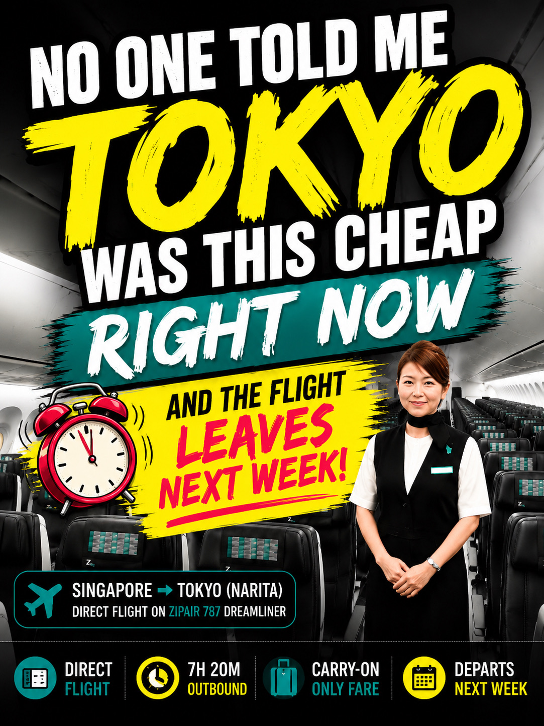 I wasn’t even looking for Tokyo.

While browsing fares, I came across this direct Zipair flight from Singapore to Tokyo departing in just a few days.

S$334 return with carry-on only.

Even after adding 30kg of checked baggage, the fare comes to S$431 return.

For a direct 7-hour flight to Japan, that’s a price you don’t see often, especially this close to departure.

One thing I’ve learnt after taking more than 20 flights a year is that last-minute doesn’t always mean expensive. Airlines occasionally need to fill seats, and when that happens, opportunities appear.

Have you ever booked a flight at the very last minute and ended up paying less than those who booked months earlier?

Follow Quiet Miles for more airfare opportunities and practical travel insights.

#quietmiles #tokyo #japan #tokyotrip #japantrip #zipair #singaporetraveller #airfaredeal #flightdeal #budgettravel #traveldeals #narita #travelhack #cheapflights #cheapflightdeals 