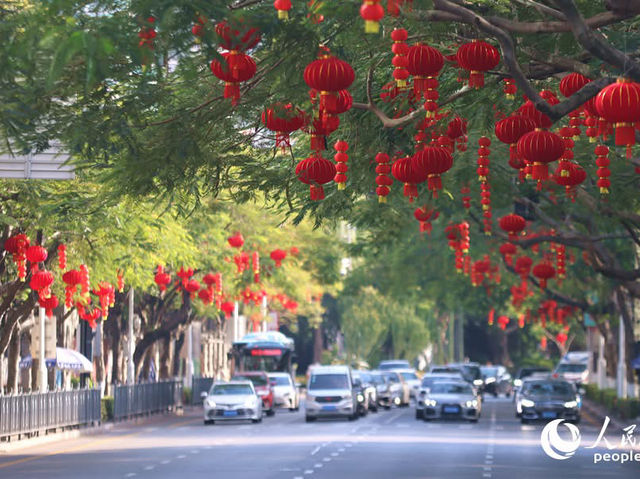 Vibrant red lanterns hang high adorning the streets