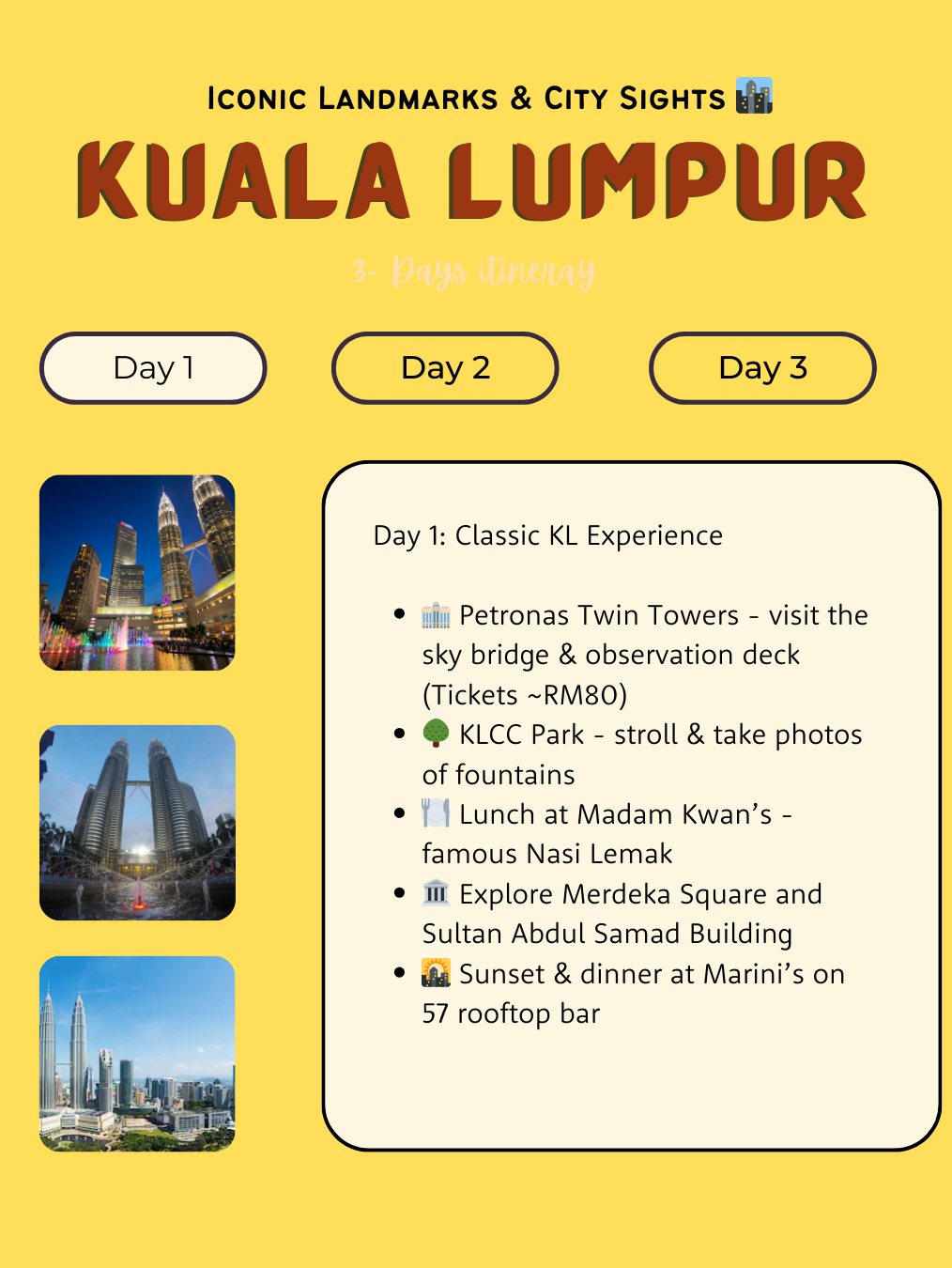#kualalumpurguide
Hari ke-1: Pengalaman Klasik KL
• 🏢 Menara Kembar Petronas – kunjungi jembatan layang & dek observasi (Tiket ~RM80)
• 🌳 Taman KLCC – jalan-jalan & foto air mancur
• 🍽️ Makan siang di Madam Kwan’s – Nasi Lemak yang terkenal
• 🏛️ Jelajahi Lapangan Merdeka dan Gedung Sultan Abdul Samad
• 🌇 Matahari terbenam & makan malam di Marini’s on 57 rooftop bar

Hari ke-2: Budaya & Belanja
• 🛍️ Pagi di Pasar Sentral – kerajinan tangan & suvenir
• 🕌 Kunjungi Masjid Jamek – masjid bersejarah di kota
• 🍜 Makan siang di Pecinan (Jalan Petaling) – jajanan kaki lima yang lezat
• 🛒 Belanja sore di Pavilion Kuala Lumpur
• 🎭 Saksikan pertunjukan budaya di Istana Budaya (lihat jadwal)

Hari ke-3: Alam & Nuansa Lokal
• 🐒 Pagi di Gua Batu – gua batu kapur & kuil Hindu (masuk gratis)
• 🌿 Sore di Kebun Raya Perdana
• ☕ Kopi & kue di VCR Café
• 🍴 Makan malam di Pasar Malam Jalan Alor – surga jajanan kaki lima