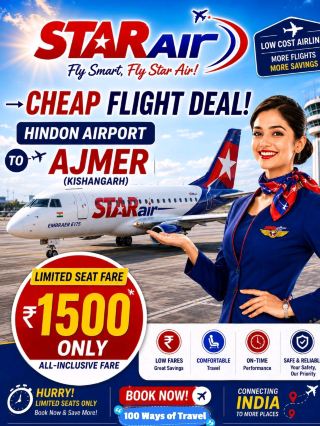 ✈️ Hindon (Delhi NCR) to Ajmer Flight by Star Air

Planning a trip to Ajmer Sharif, Pushkar, or Rajasthan's cultural attractions? Star Air offers a convenient direct flight from Hindon Airport (Ghaziabad/Delhi NCR) to Kishangarh Airport, the nearest airport to Ajmer.

Flight Details

🛫 Route: Hindon (HDO) → Kishangarh (KQH)
✈️ Airline: Star Air
⏱️ Flight Duration: Approximately 1 hour 20 minutes (direct flight)

Why Choose This Route?

✅ Saves several hours compared to road or train travel
✅ Direct access to Ajmer and Pushkar region
✅ Convenient departure from Hindon Airport in Delhi NCR
✅ Comfortable regional jet service by Star Air

Distance from Kishangarh Airport

📍 Ajmer Sharif Dargah – Approx. 30 km
📍 Pushkar – Approx. 40 km
📍 Ana Sagar Lake – Approx. 30 km
📍 Taragarh Fort – Approx. 35 km

Top Attractions

🕌 Ajmer Sharif Dargah
🌅 Ana Sagar Lake
🏰 Taragarh Fort
🕉️ Pushkar Brahma Temple
🐪 Pushkar Lake
🛍️ Pushkar Local Market

Flight Schedule

Star Air operates direct services between Hindon and Kishangarh on multiple days of the week. Flight timings may vary depending on the season and operational requirements.

Travel Tips

✅ Book early for the lowest fares
✅ Reach Hindon Airport at least 90 minutes before departure
✅ Keep valid government ID proof ready
✅ Pre-book your taxi for Ajmer or Pushkar
✅ Winter months (October–March) are ideal for sightseeing

Limited Seats Available!

⚠️ Direct flights on this route are popular among Ajmer Sharif pilgrims and Rajasthan tourists.
⚠️ Book early for the best fares and preferred travel dates.

🌟 Fly smart, save time, and reach Ajmer comfortably with Star Air.
#travel #travel2026 
