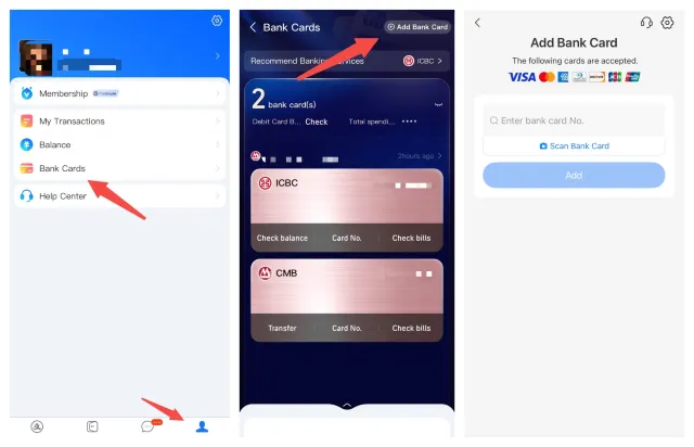 Alipay add bank card page guide