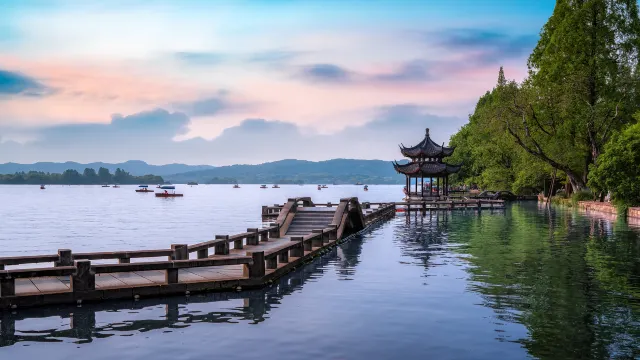 Hanzhou China West Lake view at dusk