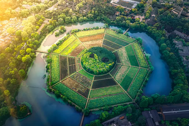 Hangzhou China The Eight Trigrams Field (Baguatian) at Jade Emperor Hill aerial view