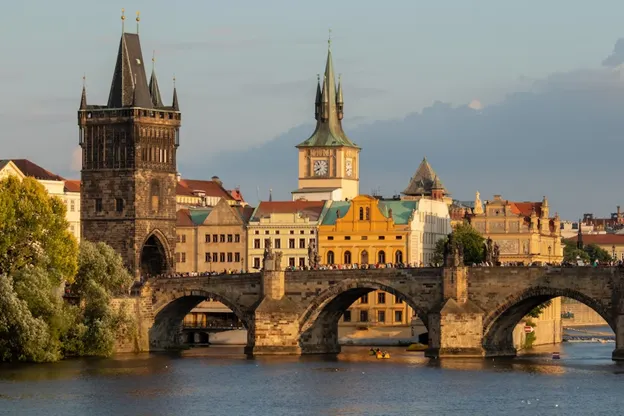 The Charles Bridge in Prague on a bright yet cloudy day