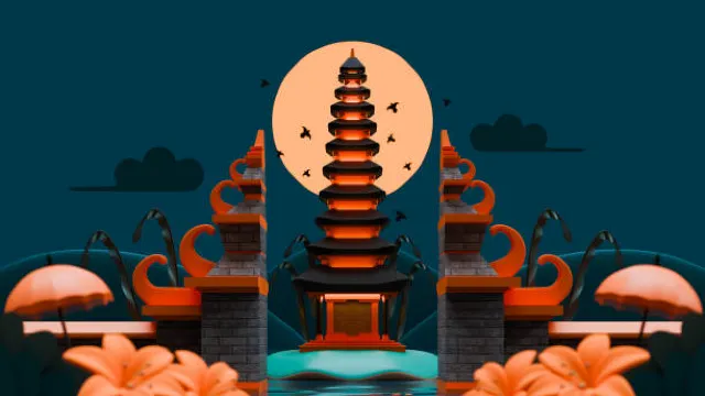 Pemandangan Malam Gerbang Bali Dan Pura Latar Belakang