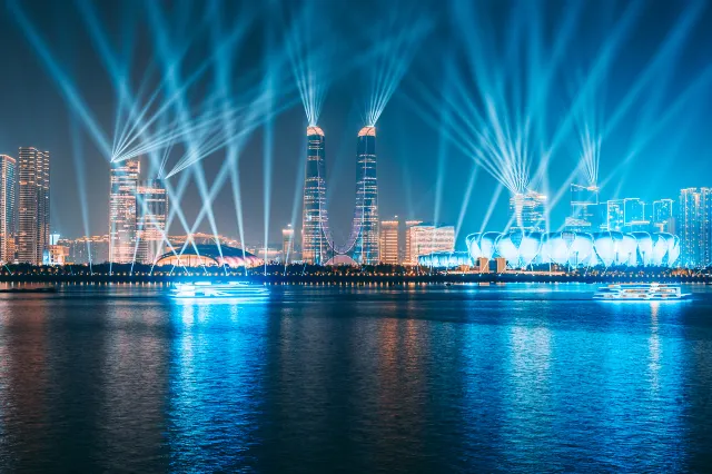 Hangzhou China  Qianjiang New City Lights Show, Sun and Moon Shining Together” twin towers