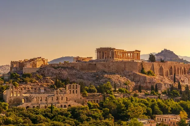 The ruins of Athens during sunset