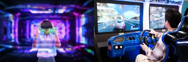 顧客在電玩城使用VR和模擬駕駛