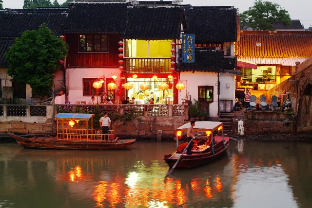 Shanghai Zhujiajiao old town boats at nighttime