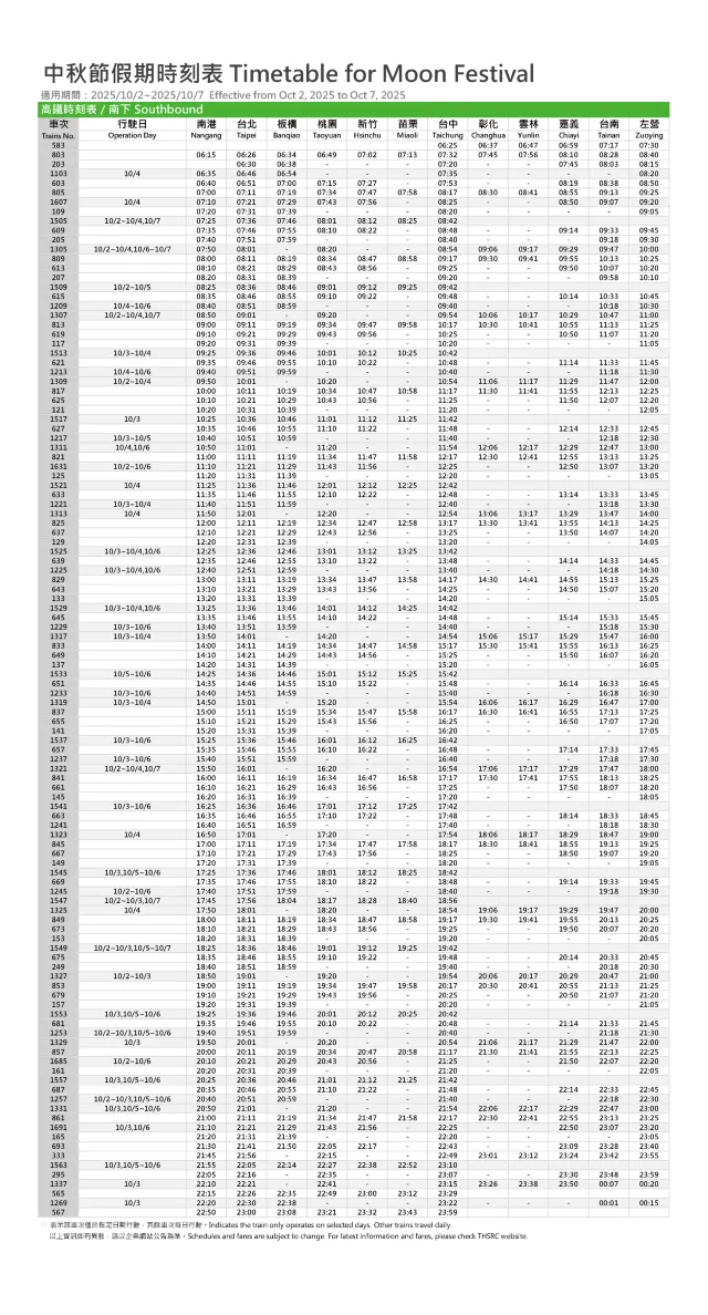 台灣高鐵 中秋節假期時刻表