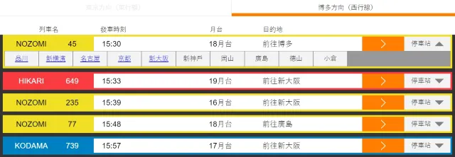 東京到大阪新幹線時刻表