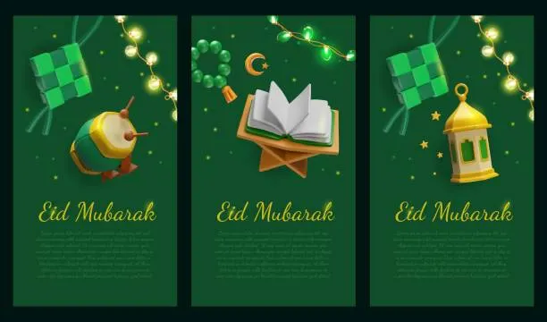 Selamat Hari Raya Idul Fitri, desain 3D dengan Ketupat hijau dan bulan sabit