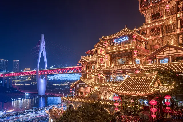China Chongqing Hongya caves and the city bridge night view