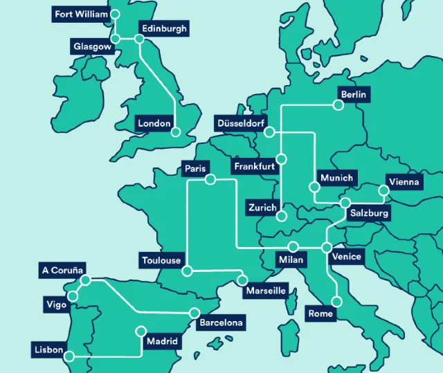 유럽 야간열차 지도