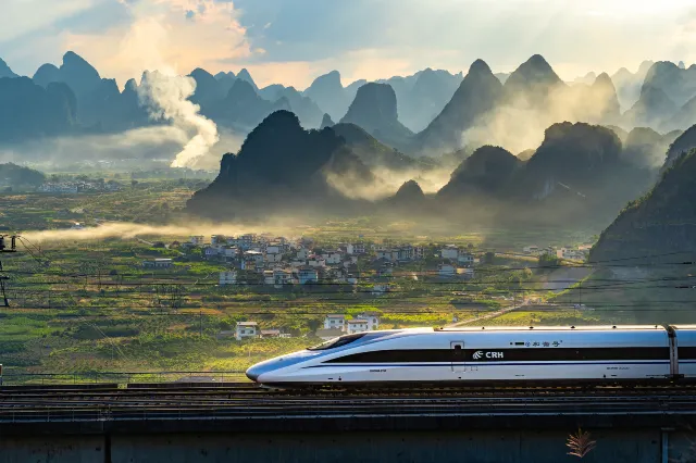China high speed train against beautiful nature scenery