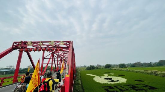 一片綠油油的稻田 配上旁邊的田地藝術 紅色的大橋配上綠色的草