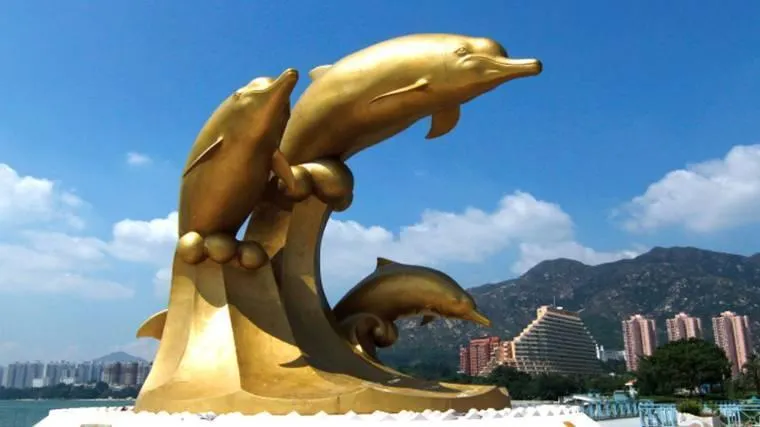 三條金色海豚在太陽照射下閃耀著光芒