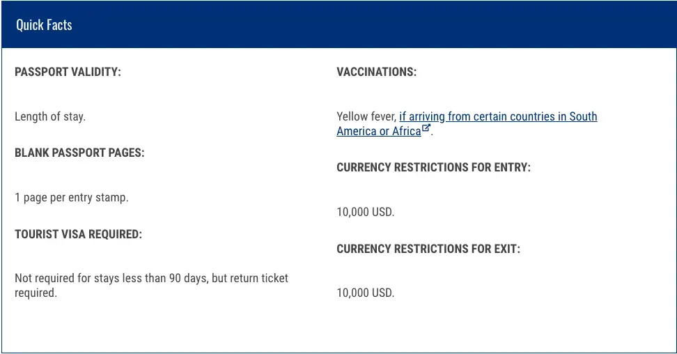 Quick facts for entry into Costa Rica