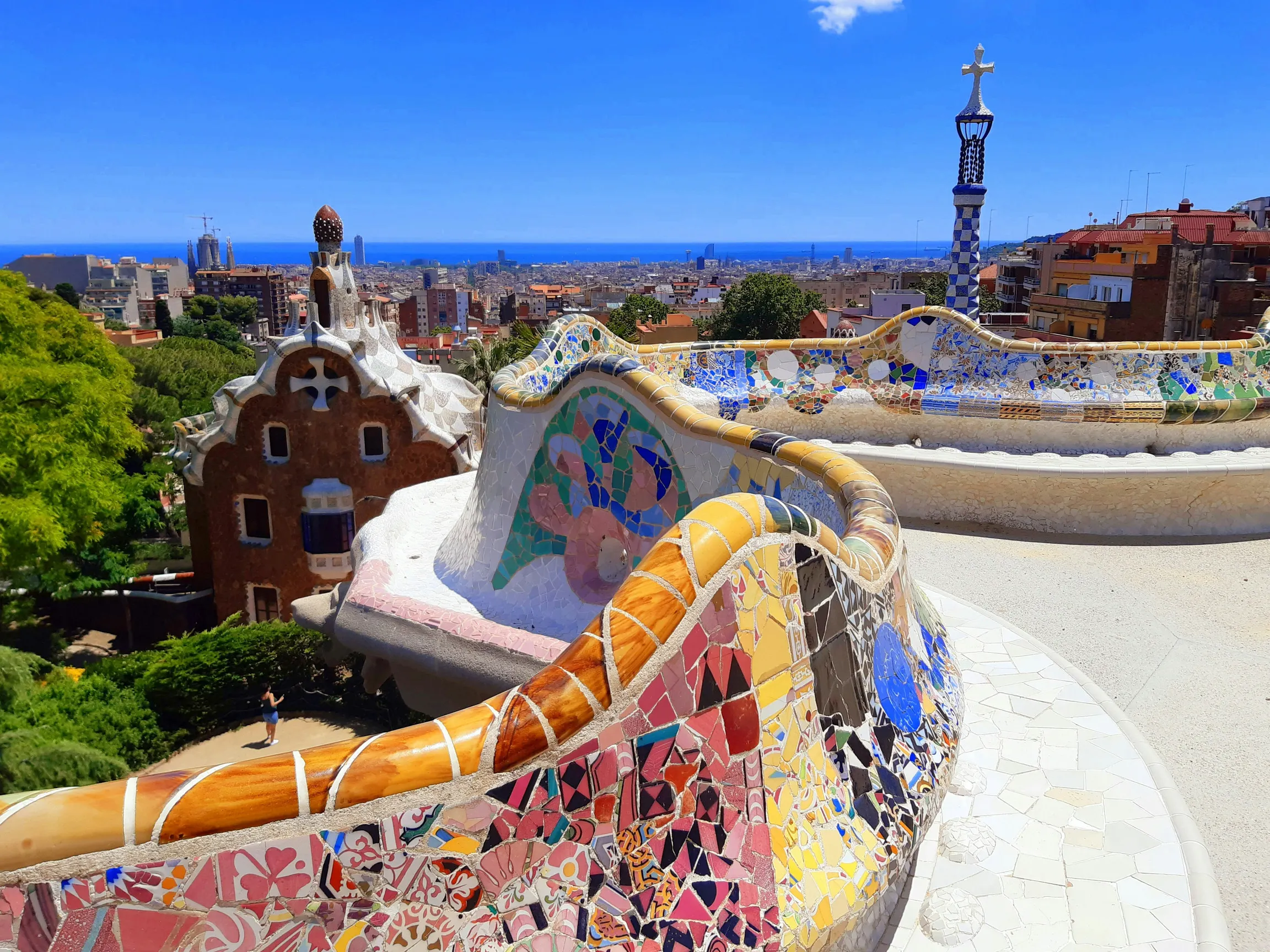 A view from the benches on a aummer day at Park Güell in Barcelona