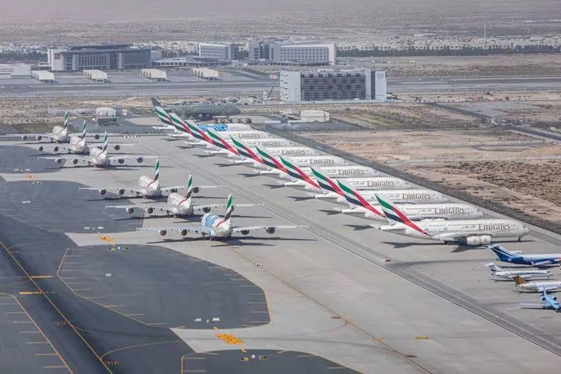 Docked airplanes at Al Maktoum International Airport. Source: Photo by Bloomberg / bloomberg.com