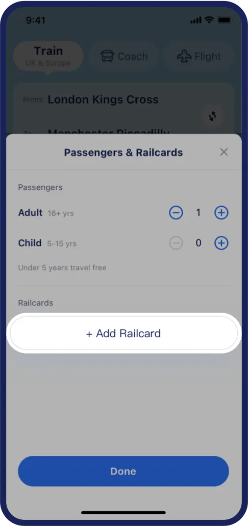 Enter your departure and arrival station, select the start date of your ticket and the number of people travelling, then add your new Railcard to use.