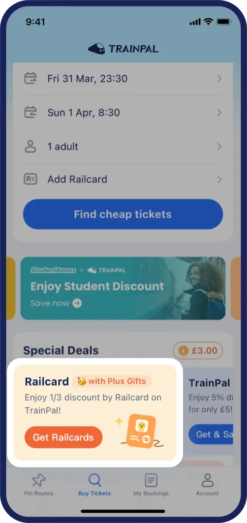 Open the TrainPal App and click "Railcard" at the bottom of the homepage