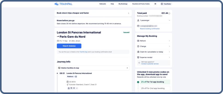 Après le paiement, vous recevrez un billet électronique Eurostar par e-mail ou vous pourrez le consulter dans la section « Mes réservations » sur TrainPal