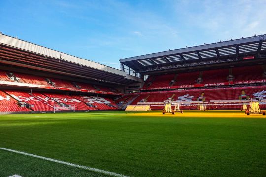 Anfield Stadium pitch and stands, home of Liverpool FC.