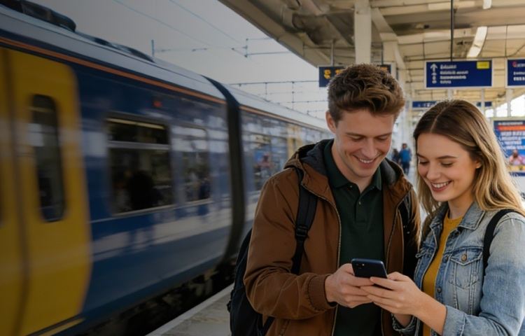 Couple booking cheap train tickets early on phone.