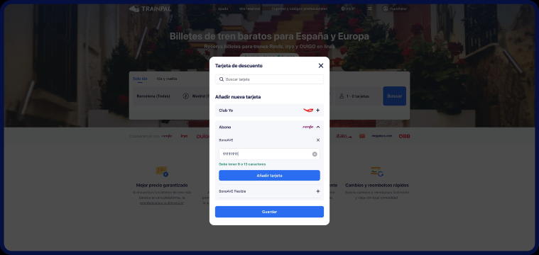 Busca la tarjeta de tren que quieres añadir (fíjate en el proveedor), introduce el número de tarjeta y pulsa la opción «Guardar».
