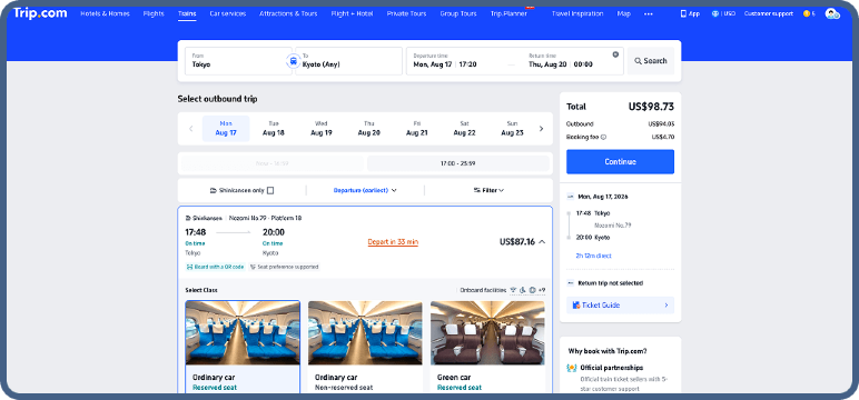Select your departure and seat class
