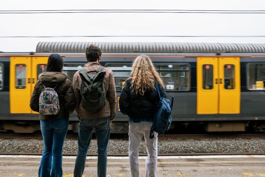 Group travellers at train station