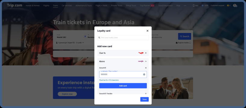 Locate the train card you want to add (note the supplier), enter the card number, and click "Save"