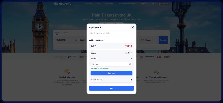 Locate the train card you want to add (note the supplier), enter the card number, and click "Save"