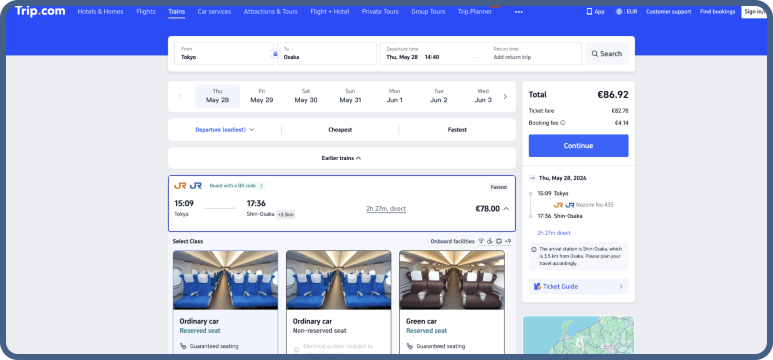 Select your departure and seat class