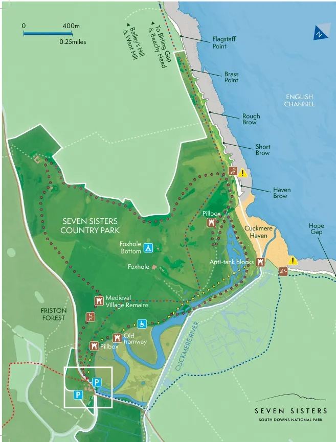 Map of walking routes and landmarks in Seven Sisters Country Park.