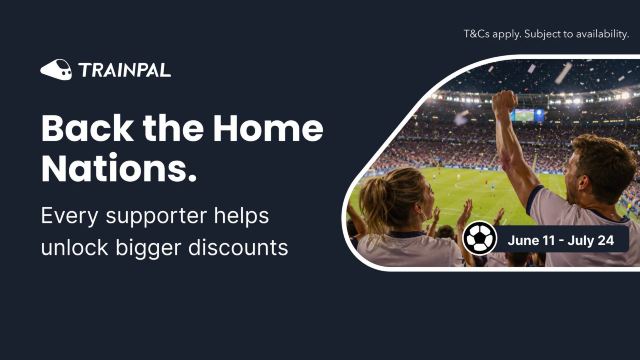 TrainPal football promo banner, back the home nations to unlock discounts.