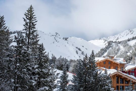 Snowy mountain village with wooden chalets