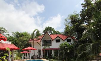 a large villa with a red roof and white walls is surrounded by lush greenery and palm trees at Top Resort