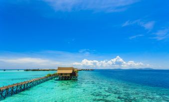 There is a small island in the center, surrounded by blue water, with two wooden piers at Sipadan Kapalai Dive Resort