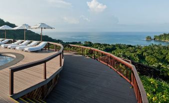 a wooden deck with a curved railing overlooks the ocean and trees , with lounge chairs and an umbrella nearby at TownePlace Suites Mobile Saraland