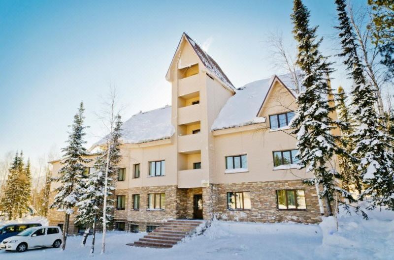 a large , two - story building with a stone facade and a sloping roof is surrounded by snow - covered trees at Greenberg