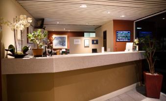 a hotel lobby with a reception desk and a television mounted on the wall , along with other furnishings at Twin Towers Inn