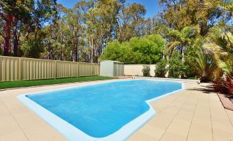 a large , rectangular swimming pool with blue water surrounded by trees and a wooden fence at Travellers Rest Motel